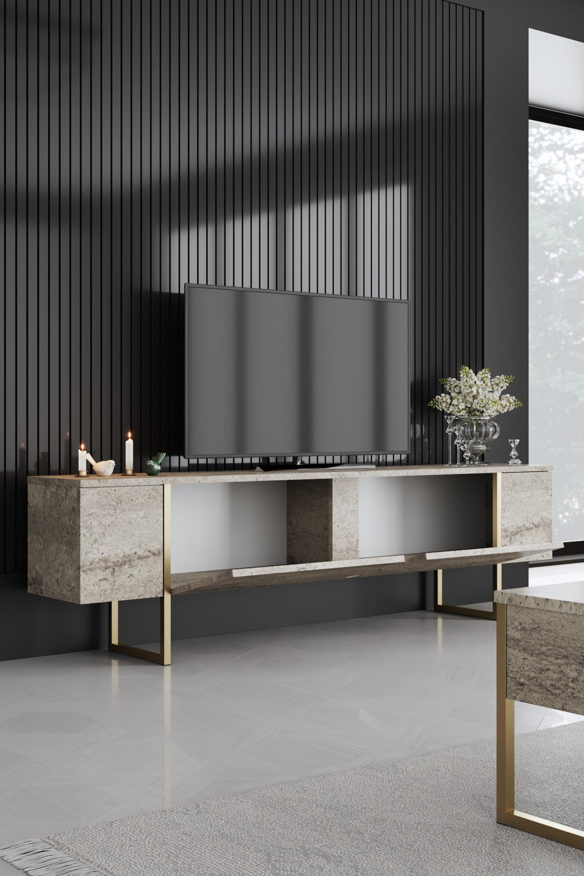 TV-MÖBEL Luxe Travertin-Gold - Beige/Goldfarben, Holz (180/50/30cm) - Habitat Garten