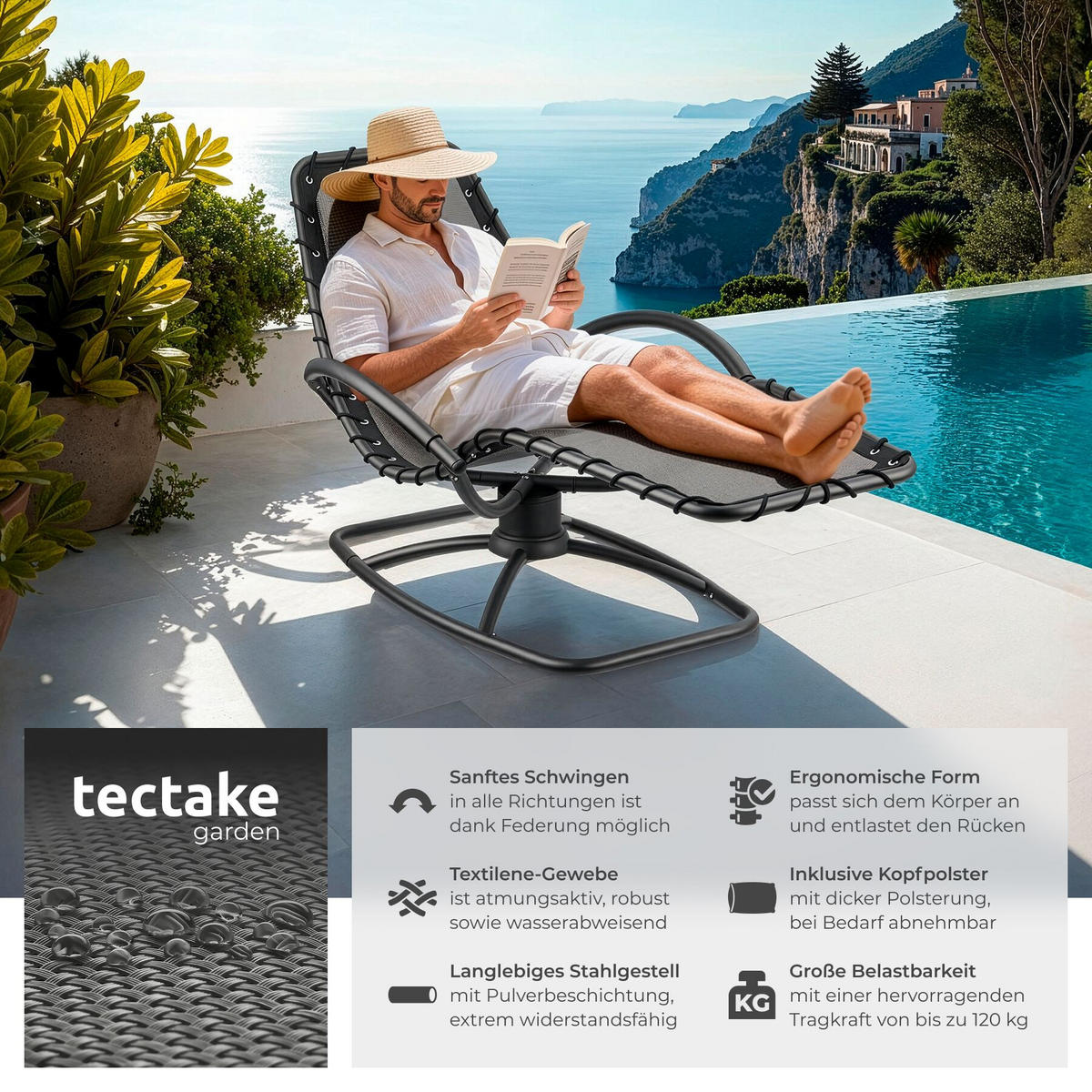 GARTENLIEGE 2er Set Toulon, ergonomisch, Schwingfunktion, 77 x 170 x 83 cm, grau - Grau, Textil (77/83/170cm) - tectake