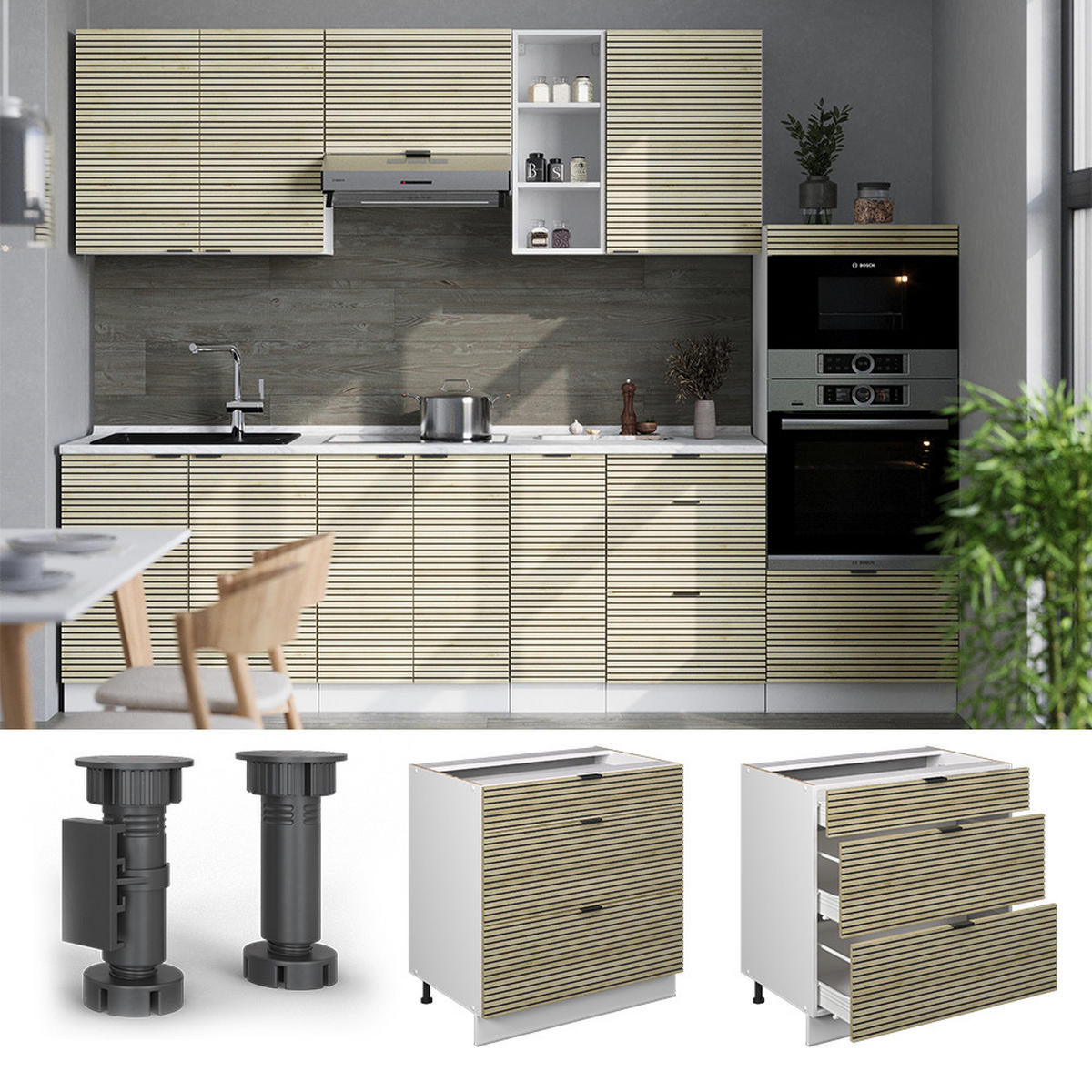 KÜCHENUNTERSCHRANK Fame-Line Eiche Paneel 80 cm mit 3 Schubladen, AP Eiche - Hellbraun/Eichefarben, Holzwerkstoff (80/82/60cm) - Vicco