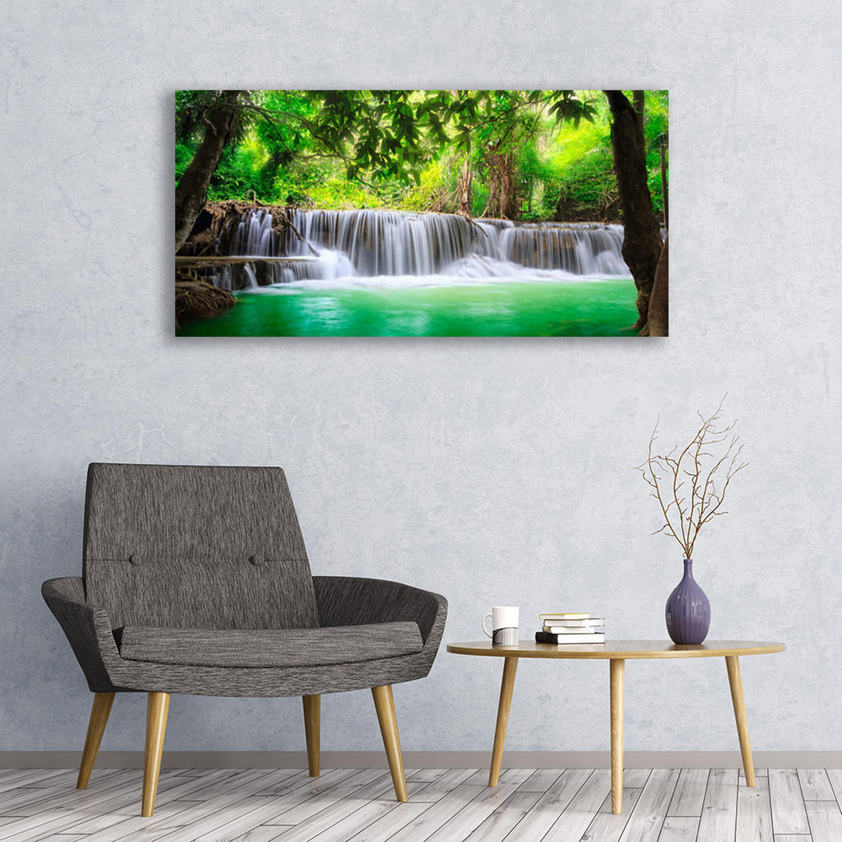 LEINWANDBILD 120x60 cm Wasserfall im Wald - Braun/Hellblau, Textil (120/4cm) - TULUP