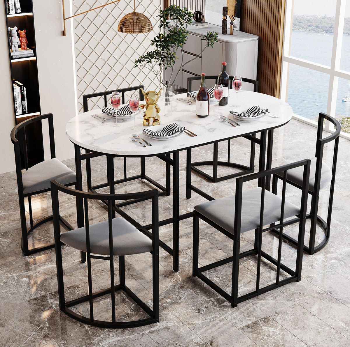ESSTISCHSET mit 6 Stühlen Weiß Schwarz - Schwarz, Metall (80/76/140cm) - Meubliv