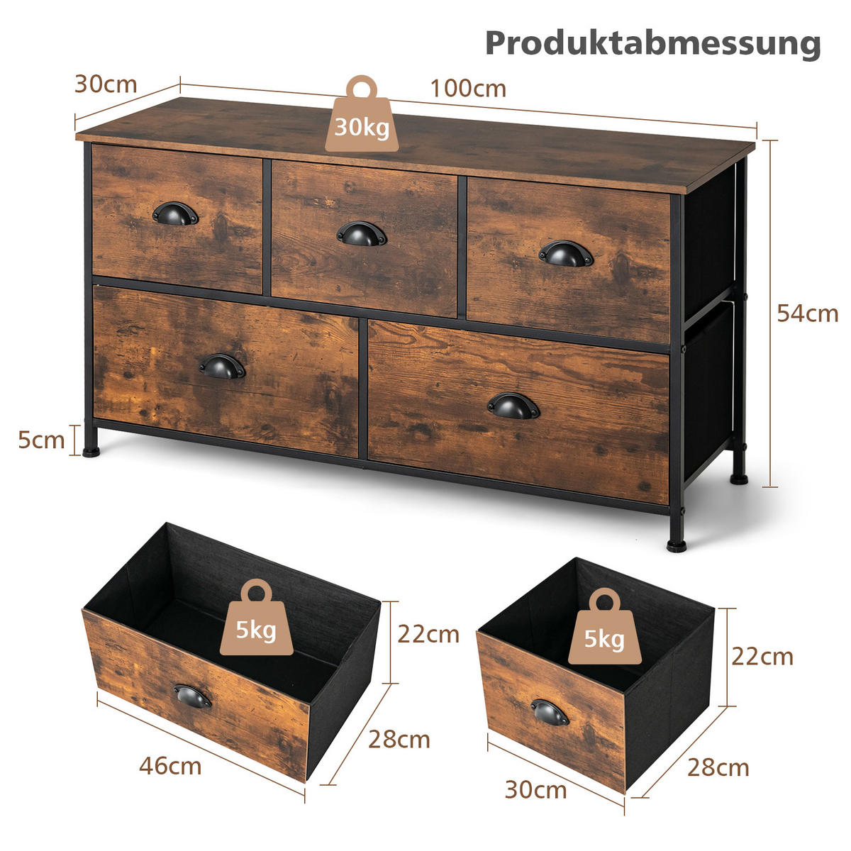 AUFBEWAHRUNGSSCHRANK Kommode Braun - Braun, Holz (30/54/100cm) - COSTWAY