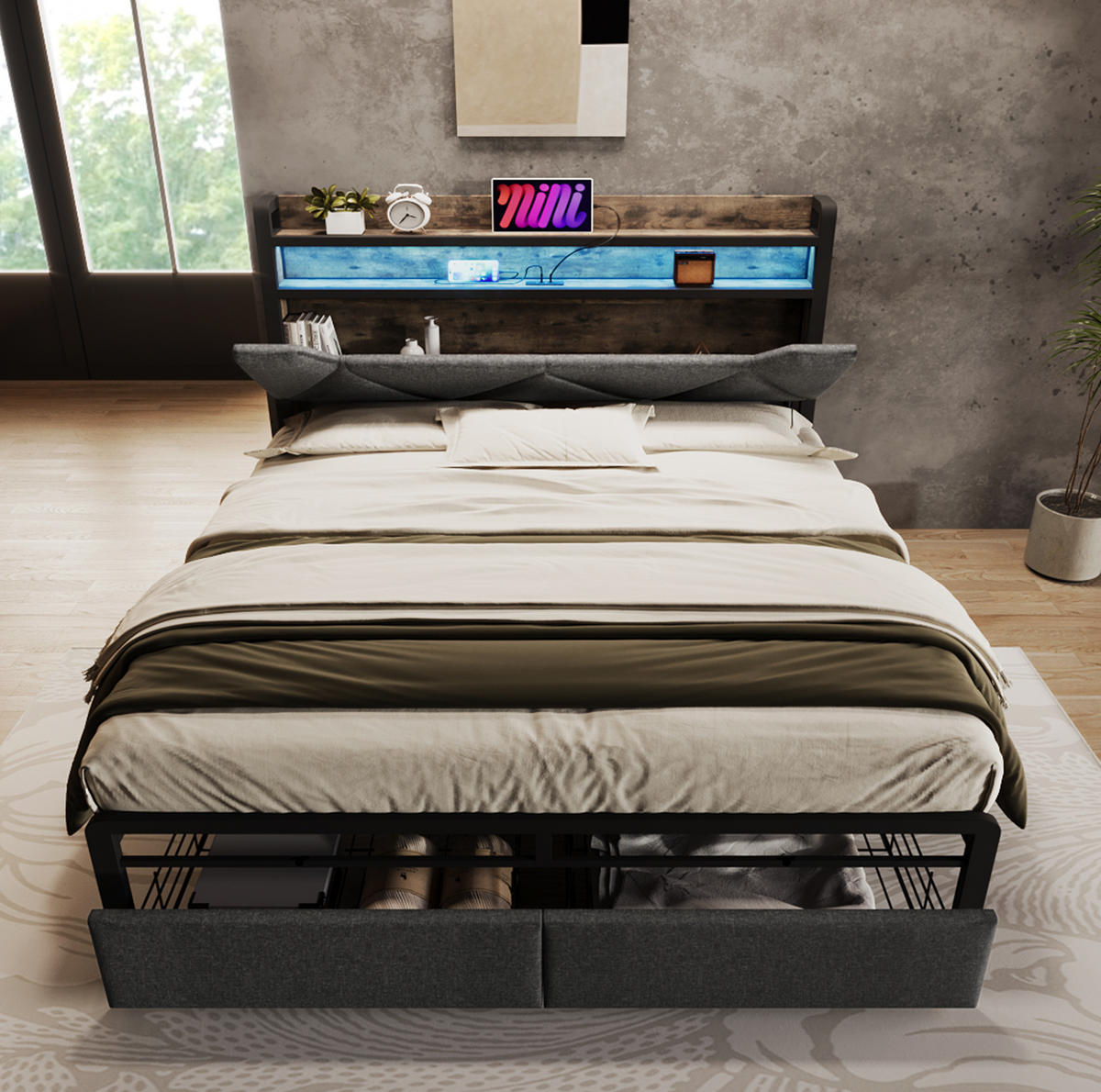 POLSTERBETT mit Stauraum, LED und USB 140x200 cm Leinen Grau mit Matratze - Grau, Metall (140/200cm) - Meubliv