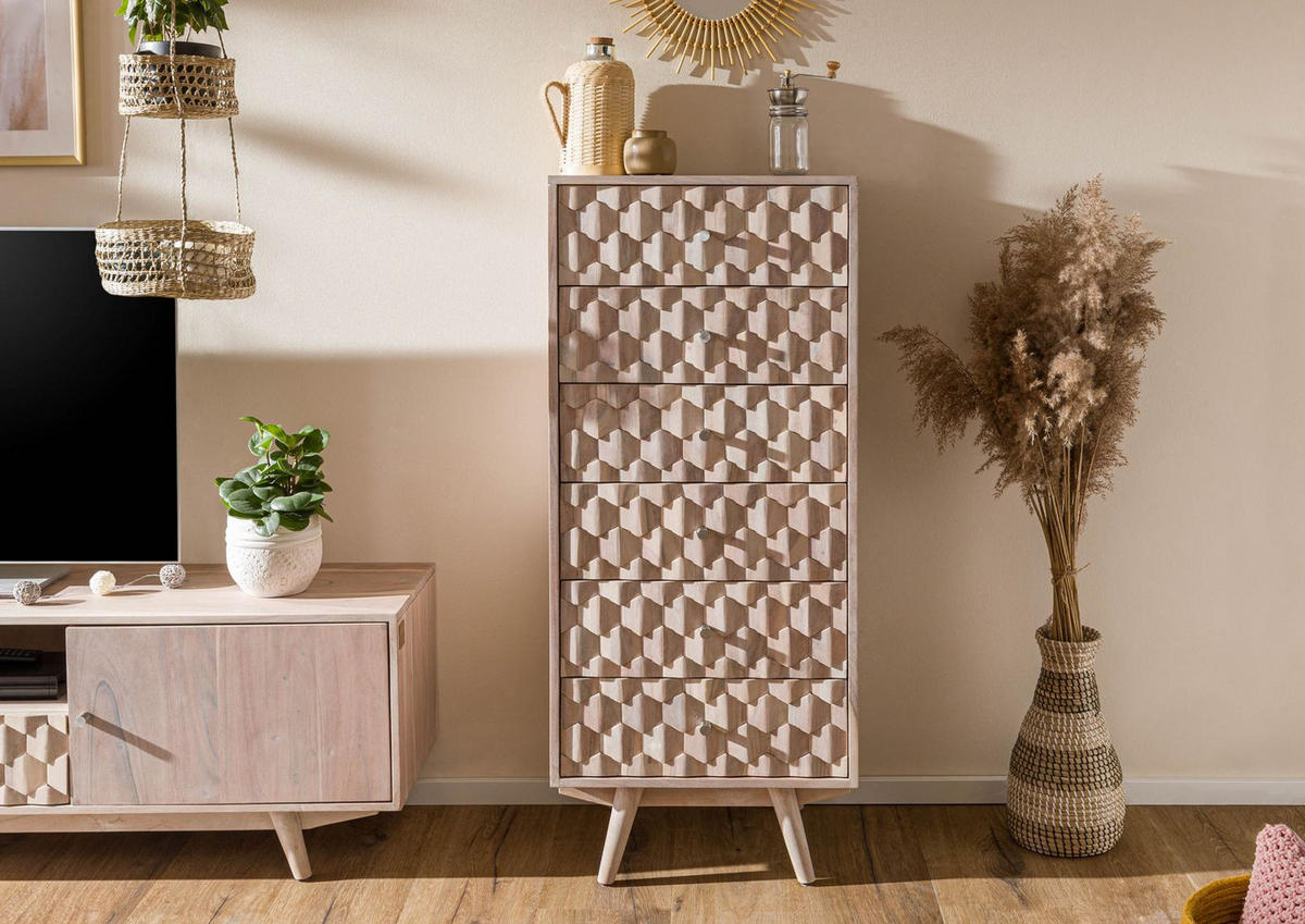 KOMMODE Akazie 53x42x125 weiß lackiert MOSAYK #208 - Weiß, Holz (53/125/42cm) - Massivmoebel24
