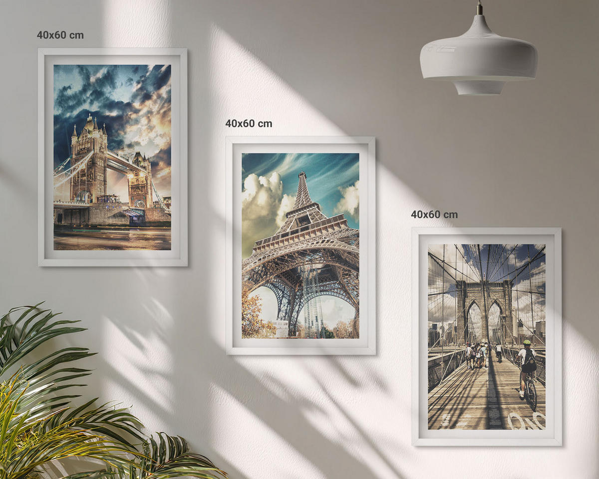 WANDBILDER 3er-Set - 40x60 cm Weißer Rahmen - Brücken, Türme, europäische Städte - Weiß, Kunststoff (40/60cm) - ArtPrintCave