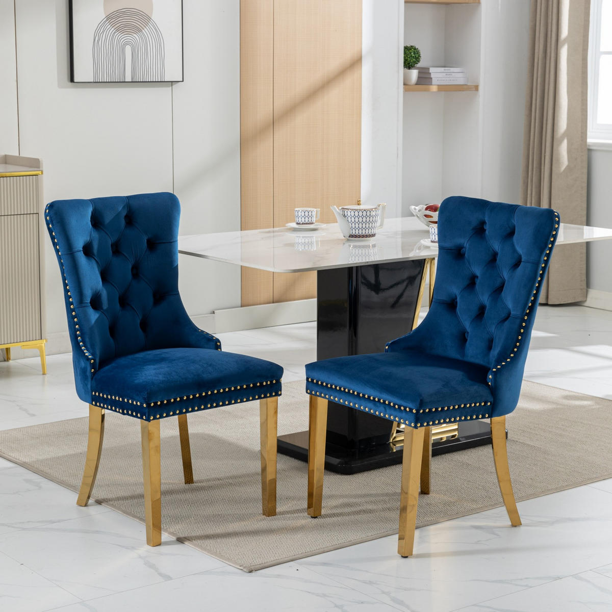 STUHL-SET DE-36289 2 Stück mit goldenen Beinen Blau - Blau, Holz (50/95/65cm) - ComfortXL