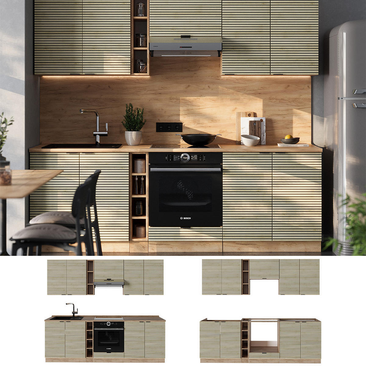 KÜCHENZEILE Fame-Line Eiche Paneel/Goldkraft Eiche 235 cm ohne Arbeitsplatte - Honigeiche/Hellbraun, Holzwerkstoff (235/81.6/46cm) - Vicco