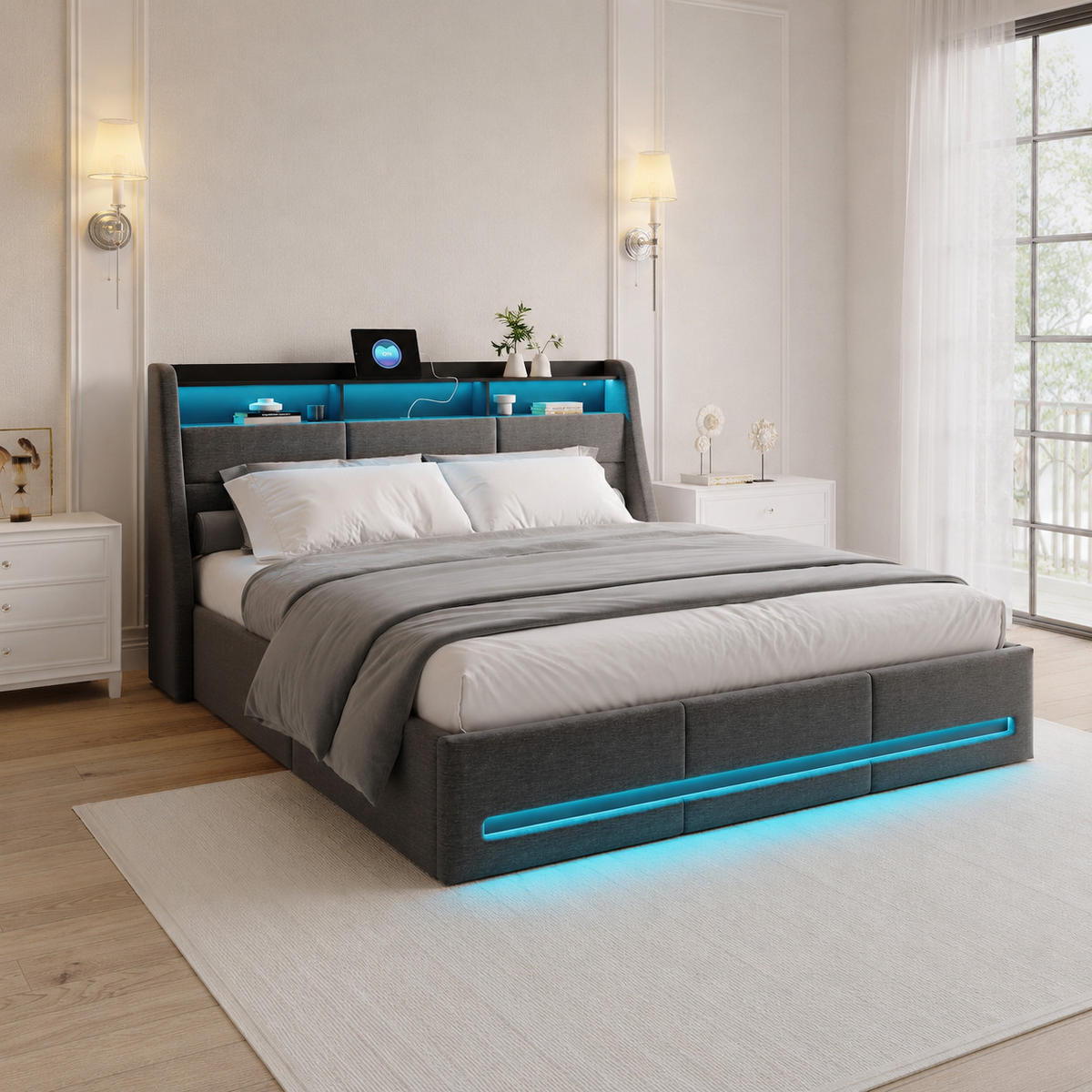 POLSTERBETT 140/190 cm Grau mit Bettkasten, LED, USB-Anschlüssen, Kopfteil-Ablage und Lattenrost - Grau, Holz/Metall (140/190cm) - Joyfair