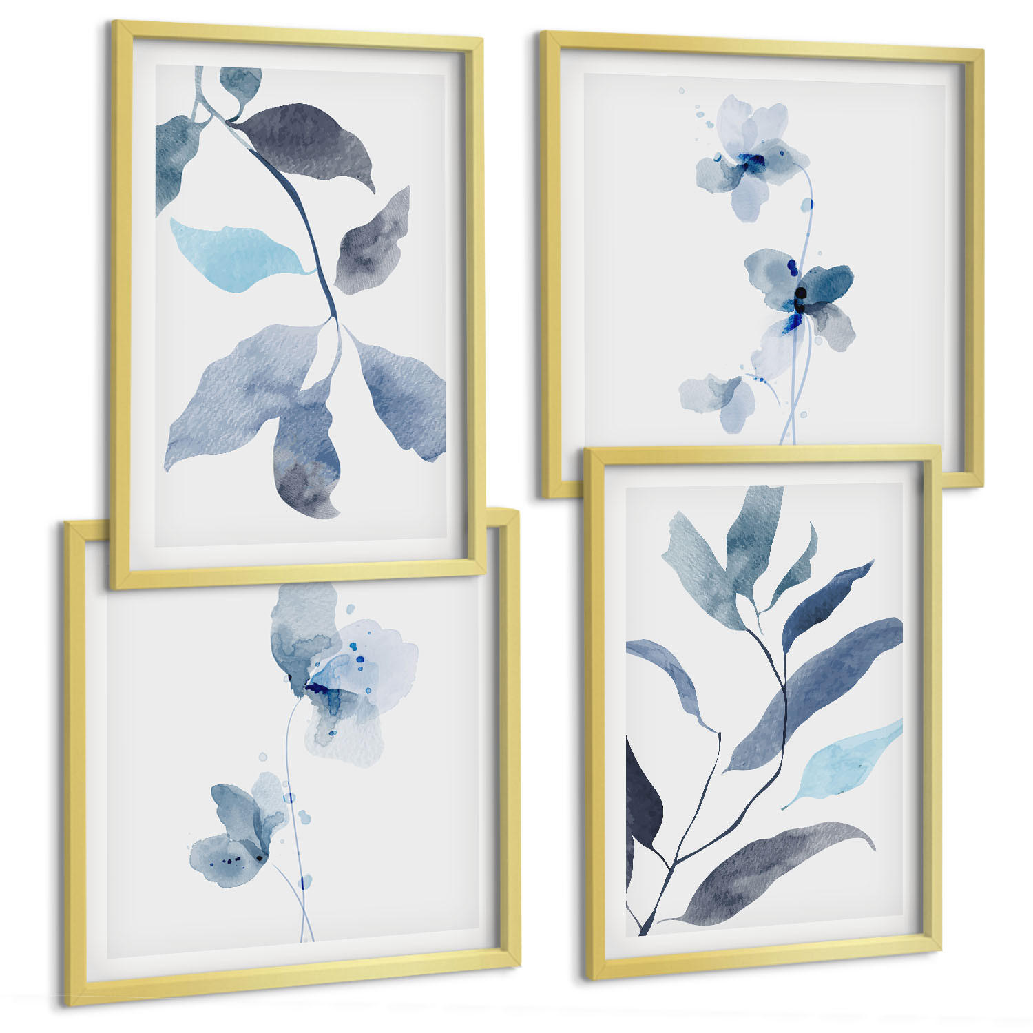 BILDER SET 4er Set - 50x50 cm & 40x60 cm Goldrahmen - Aquarell von blauen Blättern - Goldfarben, Kunststoff (50/50cm) - TULUP