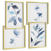 BILDER SET 4er Set - 50x50 cm & 40x60 cm Goldrahmen - Aquarell von blauen Blättern - Goldfarben, Kunststoff (50/50cm) - TULUP