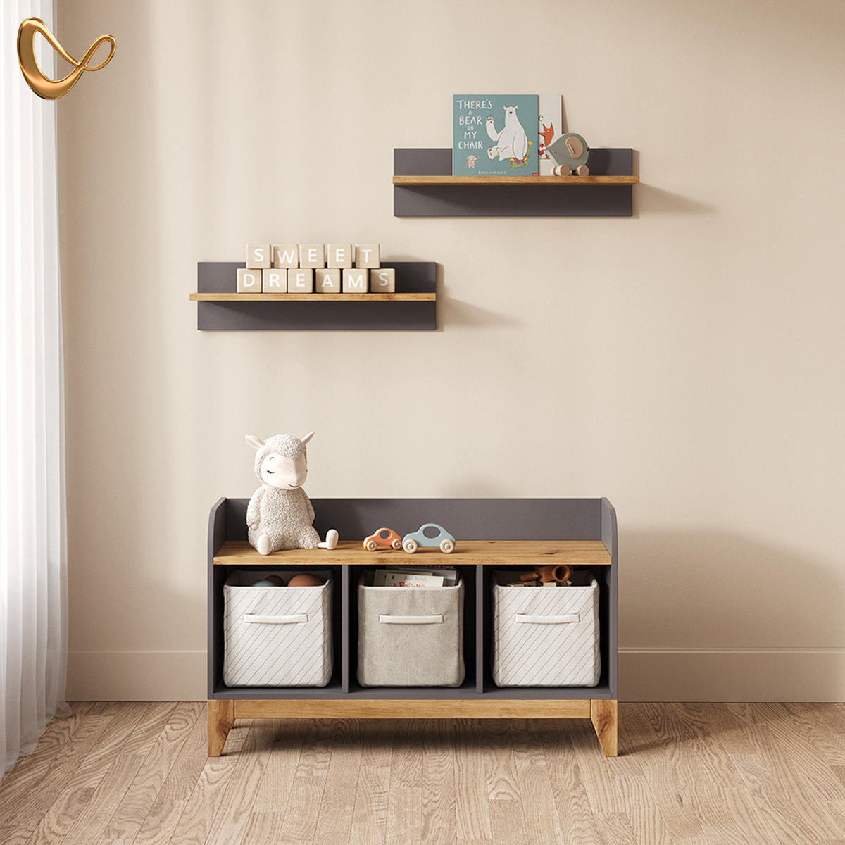 KINDERSITZBANK Mailo Grau/Artisan 107.2 x 63.8 cm XL mit 3 Schubladen - Eiche Artisan/Grau, Holzwerkstoff (107.2/63.8/30.6cm) - Livinity®