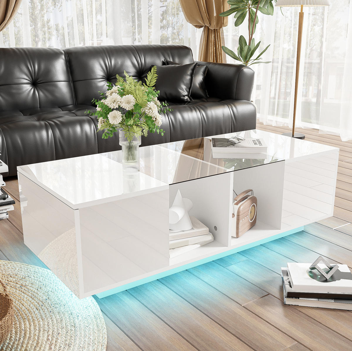 COUCHTISCH 120/50/38,5 cm weiß mit LED-Beleuchtung und Glasplatte - Weiß, Holzwerkstoff (120/50/38.5cm) - OKWISH
