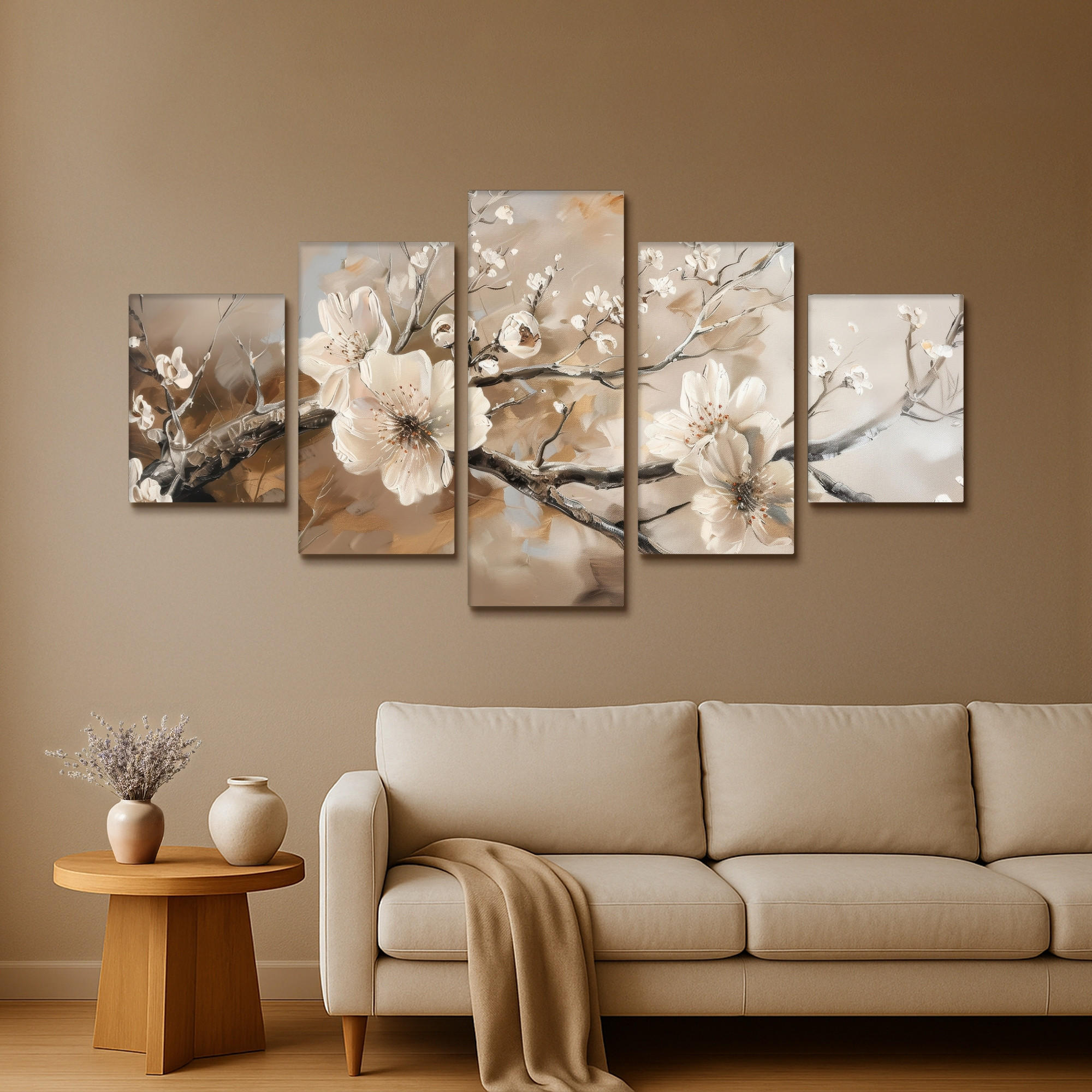 LEINWANDBILD 5er Set Blüte - Beige - Abstrakt - Blumen 150x80 cm - Hellbraun, Textil (150/80cm) - MuchoWow