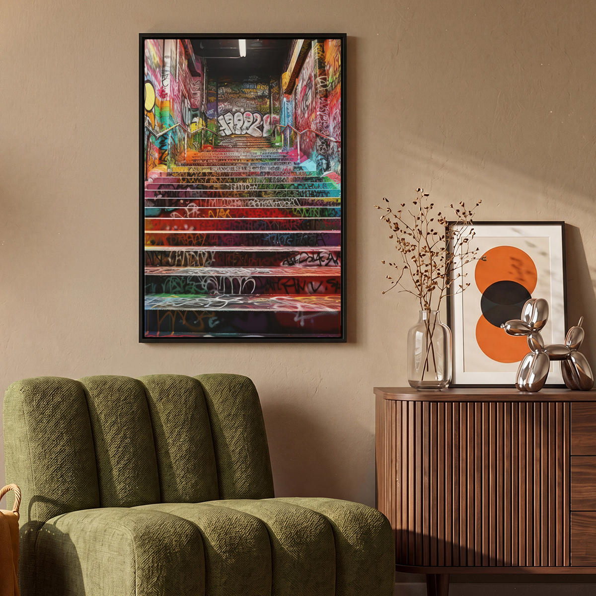 LEINWAND Bilder mit Rahmen - Treppe - Graffiti - Farben - Kunst - 60x90 - Multicolor, Textil (60/90cm) - MuchoWow