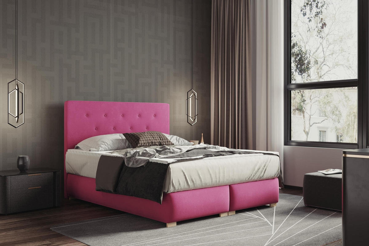 BOXBETT LUPIN, 140 x 200 cm, Double Bed für Schlafzimmer, Elegant Matratze und Bettkasten, Rosa - Rosa, Holz/Textil (140/200cm) - Trada
