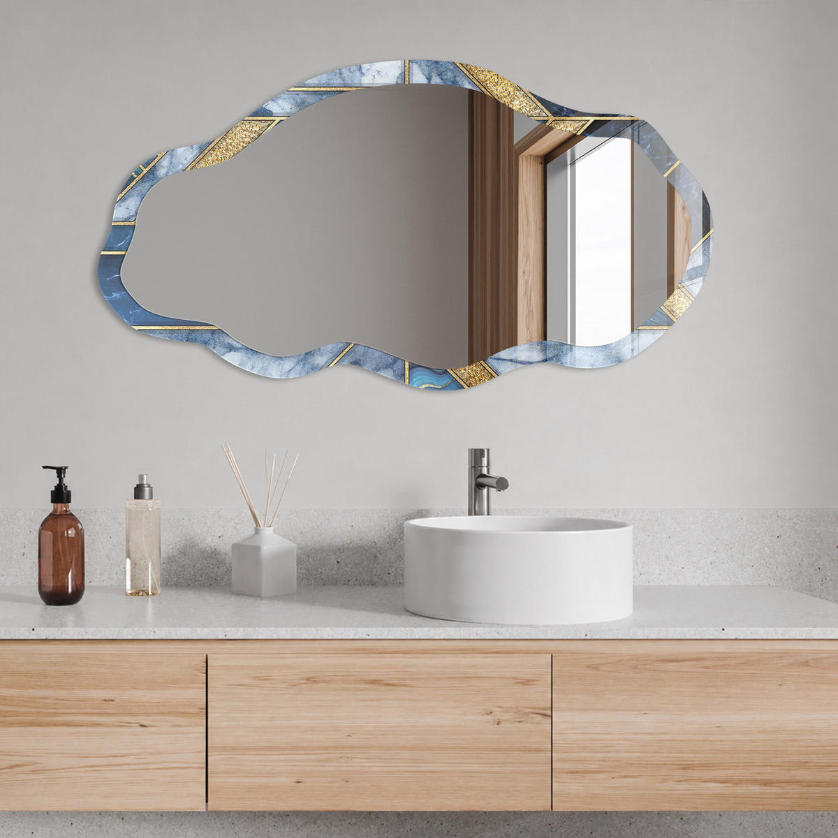 SPIEGEL 90x45 cm asymmetrisch mit Druck - Blaues Mosaik - Transparent, Glas (45/90/0.4cm) - TULUP