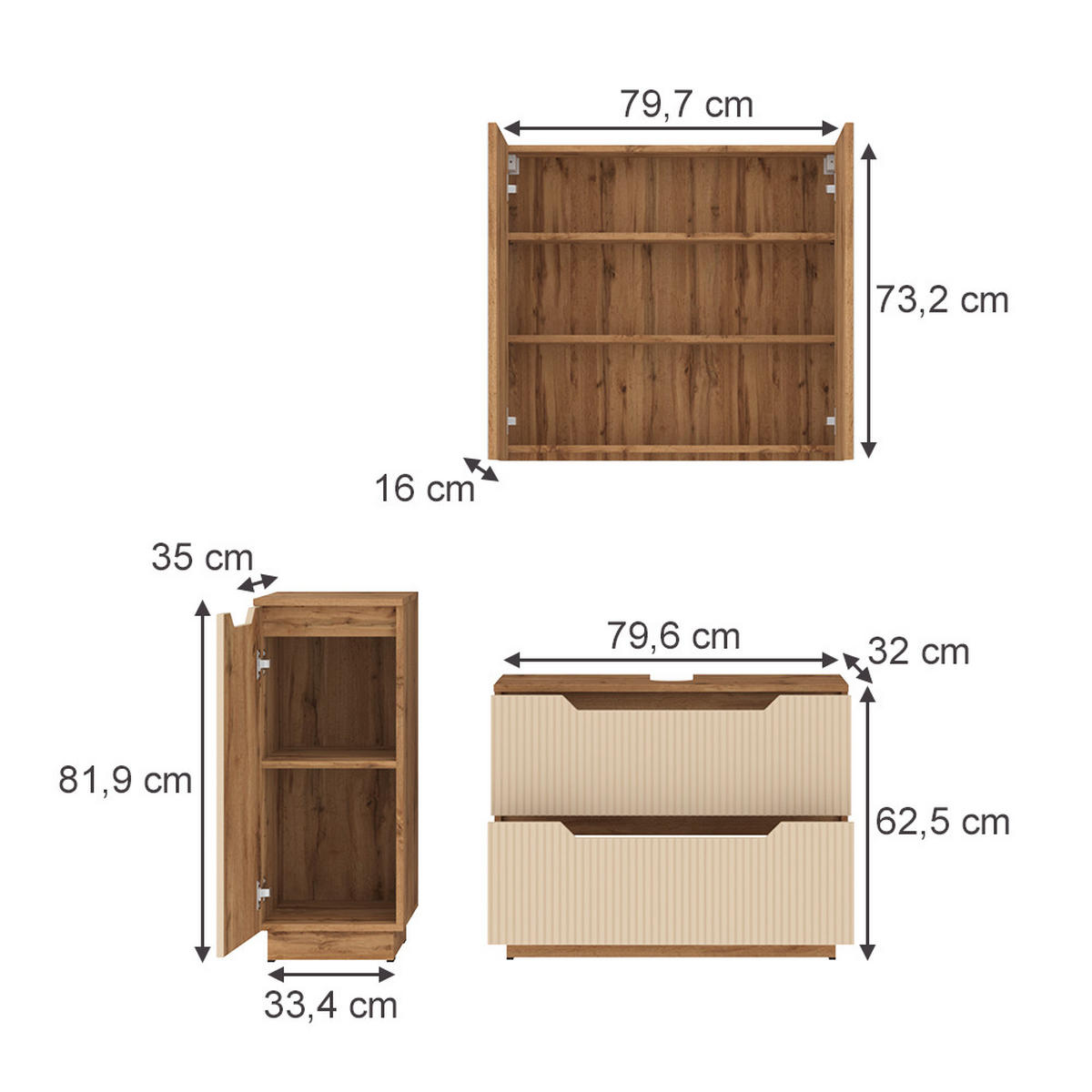 BADMÖBEL-SET Lotta Eiche/Kaschmir gestreift 3 Teile - Kaschmir/Eichefarben, Holzwerkstoff (79.6/62.5/32cm) - Vicco