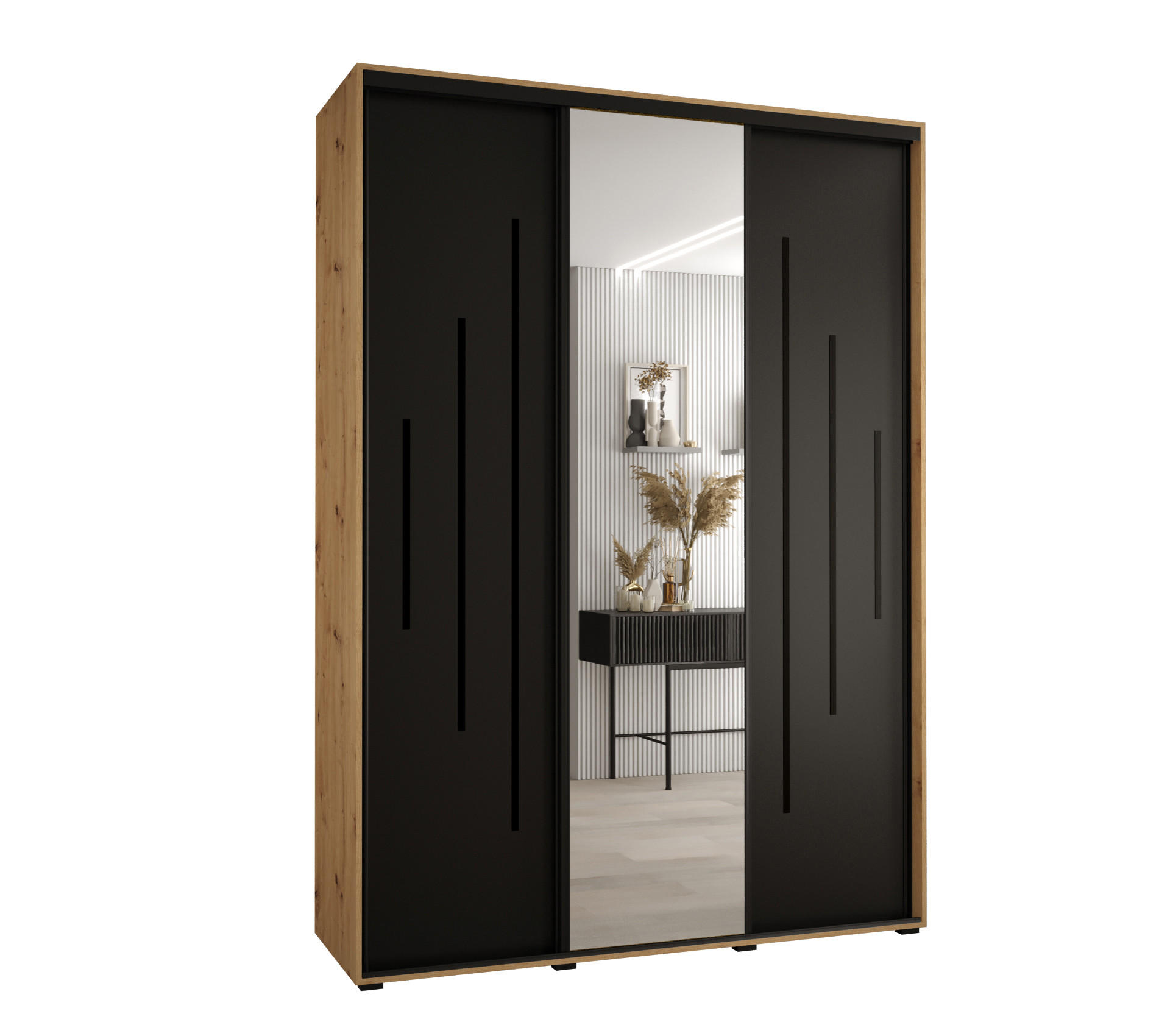 Abiks Möbel Schwebetürenschrank Eiche Artisan, Schwarz, Schwarz 180x235x60 cm