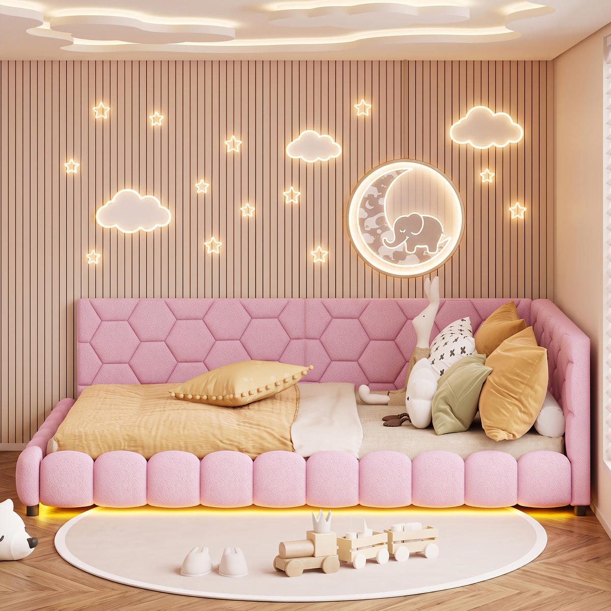 POLSTERBETT 140x200 mit USB und LED, Doppelbett 140x200 cm mit Lattenrost, Jugendbett, Samt, Rosa - Pink, Holz/Textil (140/200cm) - GENKI LIVING