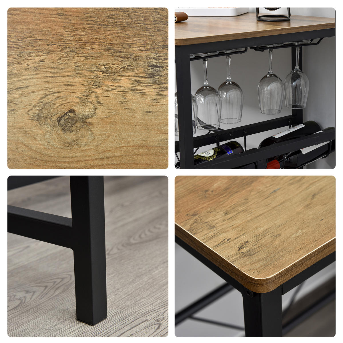 BARTISCH-SET, Spanplatte, Natur+Schwarz - Naturfarben, Kunststoff (60/95/108cm) - HOMCOM
