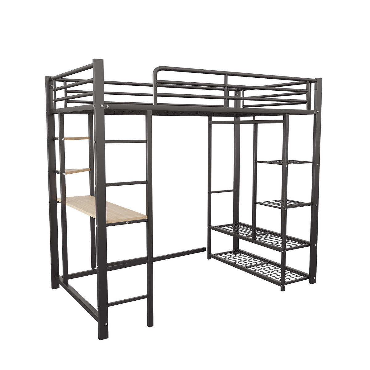 HOCHBETT mit Schreibtisch, Regalen und Stauraum - Schwarz, Holzwerkstoff/Metall - Urban Meuble