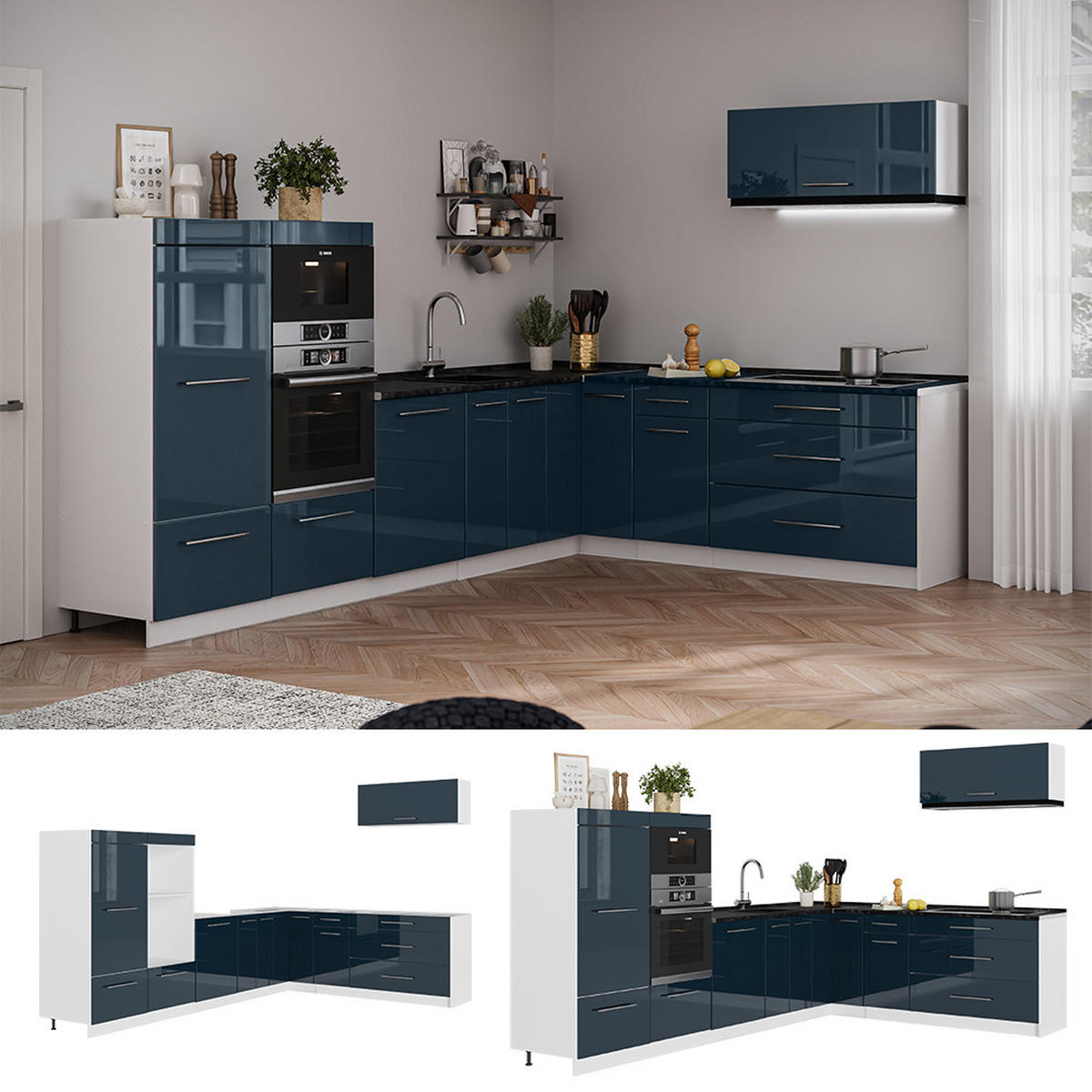 ECKKÜCHE Fame-Line, Dunkelblau Hochglanz/Weiß, 327 x 227 cm ohne Arbeitsplatte - Dunkelblau/Weiß, Holzwerkstoff (327/153.6/51.6cm) - Vicco