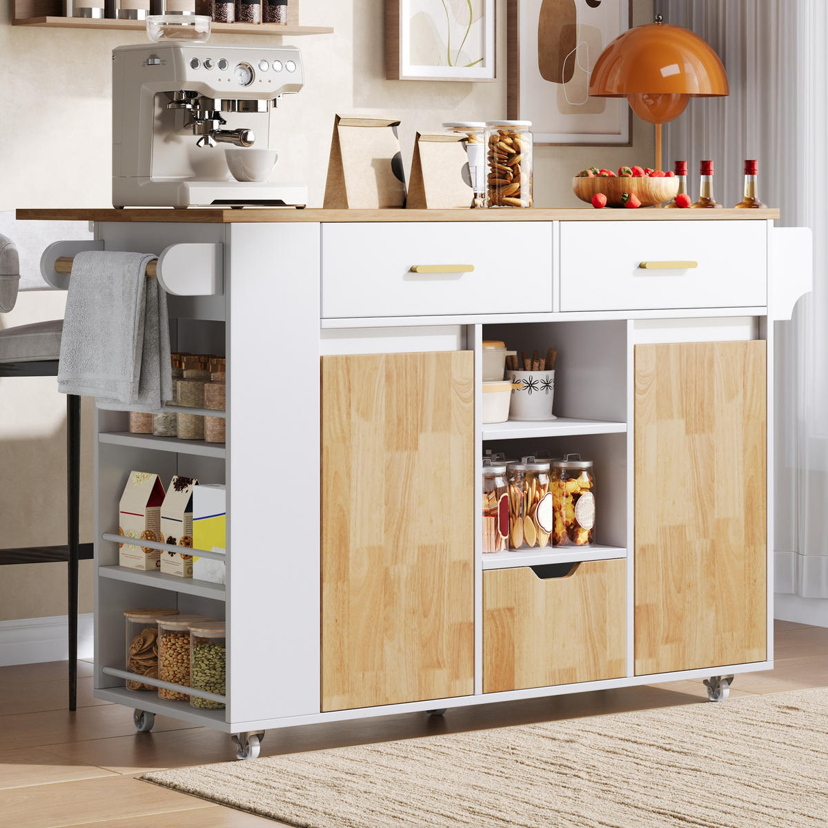 KÜCHENINSEL DE-41417 120/45-71/90 cm, klappbare Arbeitsplatte, Gewürzregal Weiß - Weiß, Holzwerkstoff (120/90/71cm) - ComfortXL