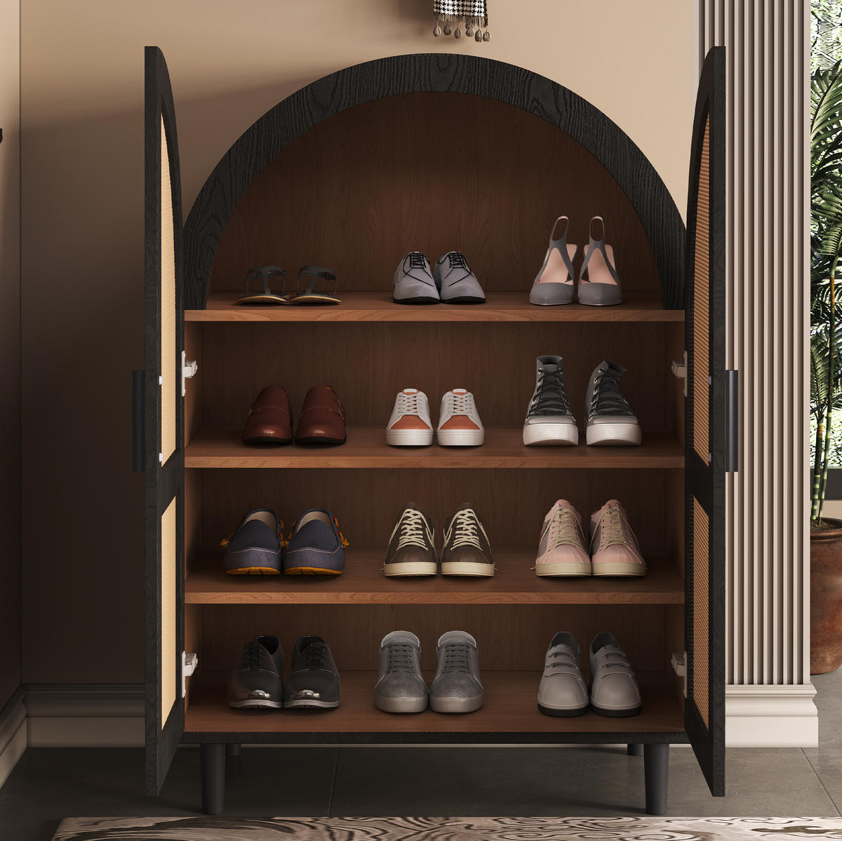 SCHUHSCHRANK 70/40/100 cm in Natur/Schwarz mit Rattantüren und verstellbaren Einlegeböden - Naturfarben, Holzwerkstoff (70/40/100cm) - Flora Grace