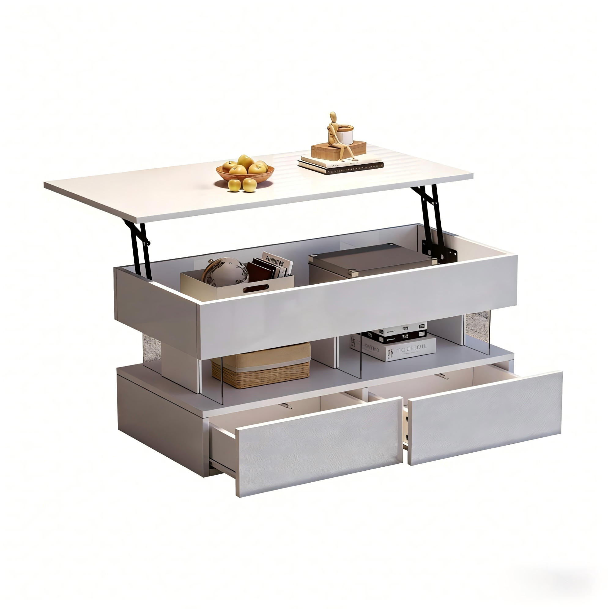 COUCHTISCH aus MDF und Acryl 100x50x46 cm Weiß mit hydraulischer Hubfunktion, 2 Schubladen, LED und verstecktem Stauraum - Weiß, Holzwerkstoff (120/50/46cm) - Modfu