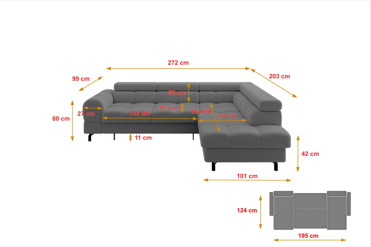 ROHOVÁ SEDAČKA s funkcí spaní otomana vpravo LUMA-L 272x203x70 šedá buklé - šedá/černá, kompozitní dřevo/textil (203/272cm) - ALTDECOR