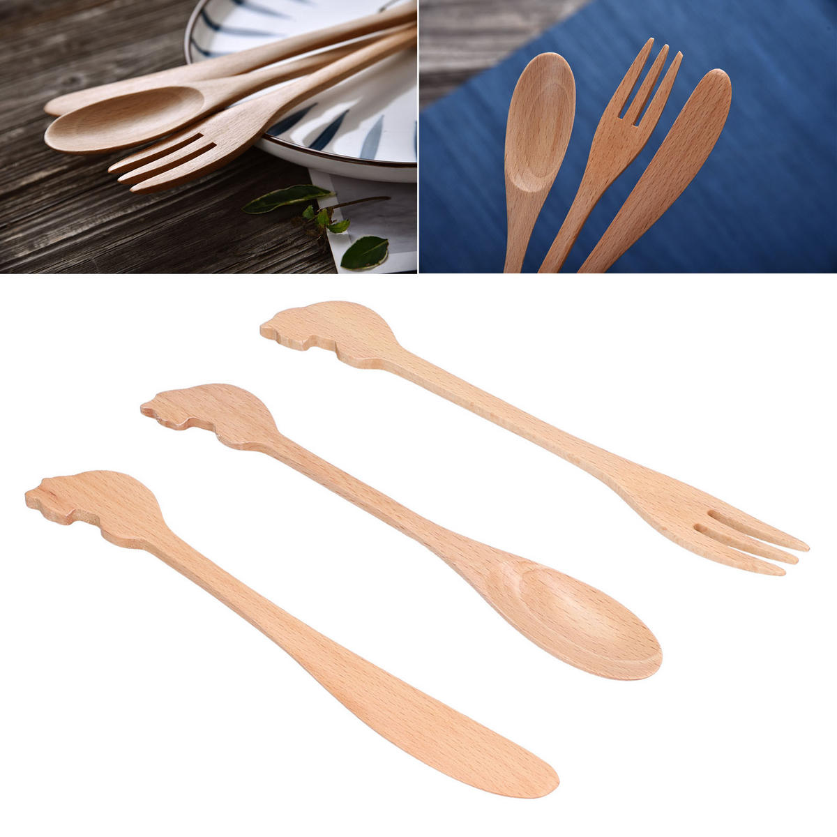BESTECK-SET, Katzenform, Holz, 3 Stück, langlebig, Geschenk, für Kinder & Erwachsene - Naturfarben, Metall