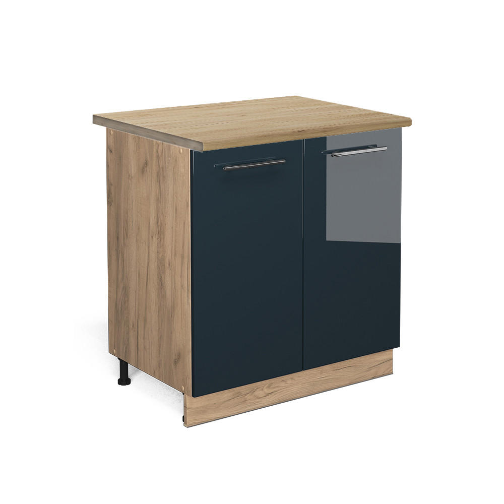 KÜCHENUNTERSCHRANK Fame-Line Dunkelblau Hochglanz 80 cm mit Regal, AP Eiche - Eiche Wotan/Dunkelblau, Holzwerkstoff (80/82/60cm) - Vicco