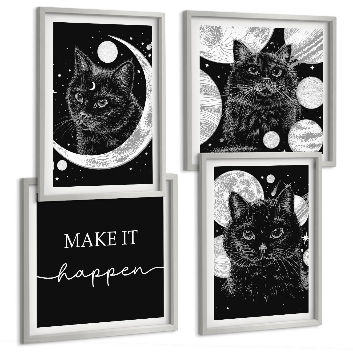 BILDER SET 4er Set - 50x50 cm & 40x60 cm Silberner Rahmen - Schwarze Katzen, Mond, Planet - Silberfarben, Kunststoff (50/50cm) - TULUP