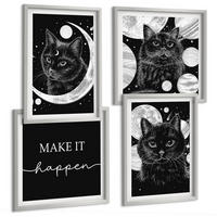 BILDER SET 4er Set - 50x50 cm & 40x60 cm Silberner Rahmen - Schwarze Katzen, Mond, Planet - Silberfarben, Kunststoff (50/50cm) - TULUP