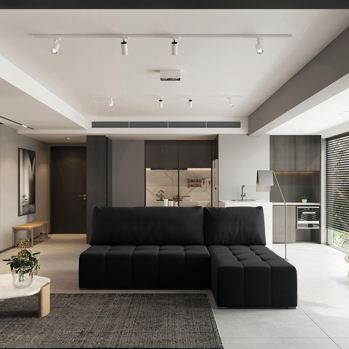 ECKSOFA DOMIRA Schwarz Plüsch-Stoff mit Schlaffunktion - Schwarz, Holz (200/141cm) - MASSENO