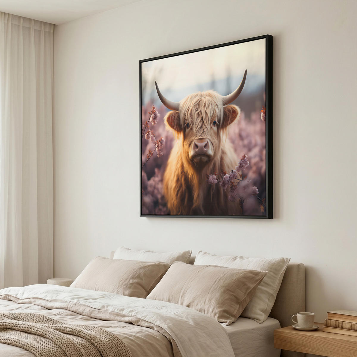 LEINWAND Bilder mit Rahmen - Schottischer Hochländer - Frühling - Hochland - 90x90 - Hellrosa, Textil (90/90cm) - MuchoWow
