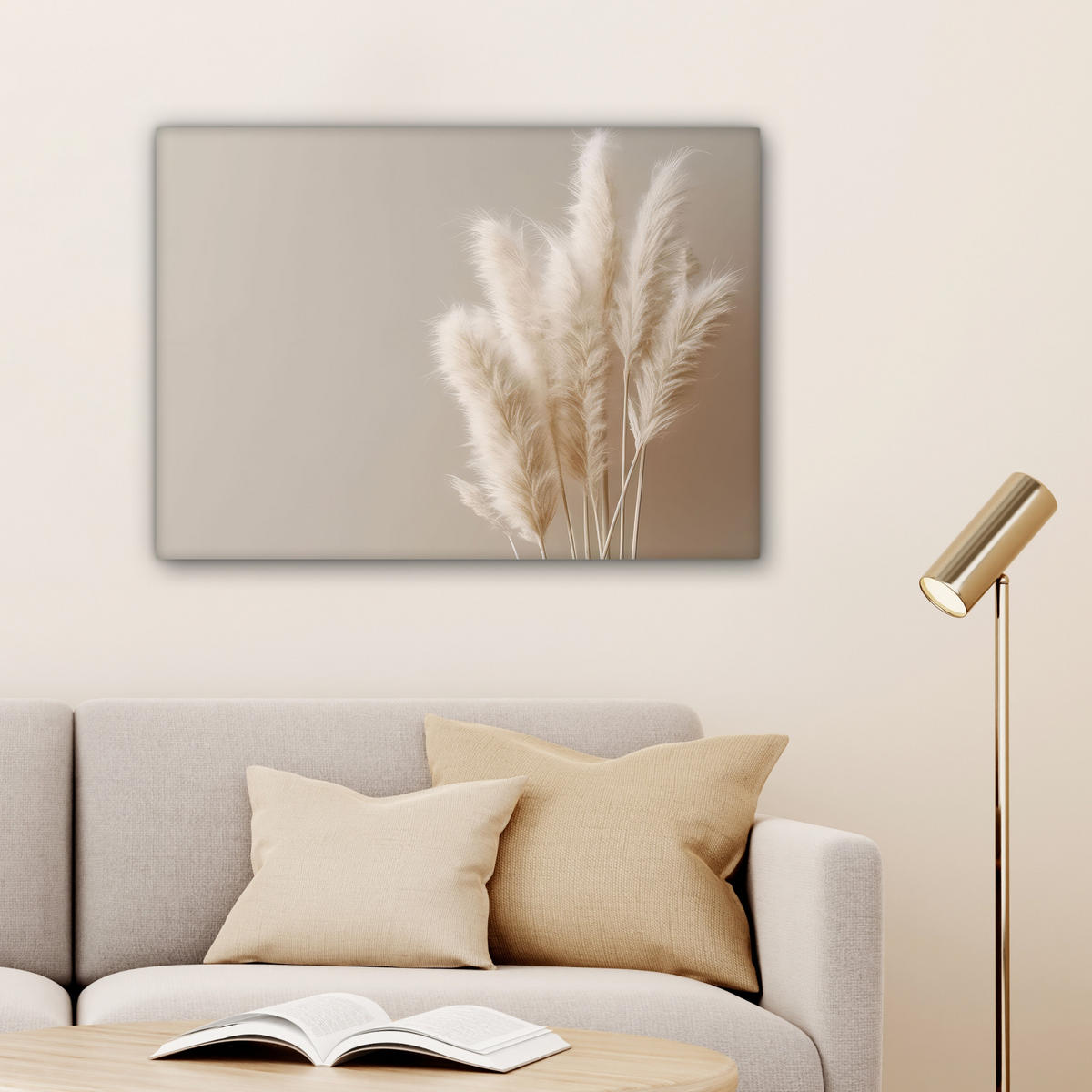 LEINWANDBILD Pampasgras - Federn - Pastell - Weiß Wandbilder 80x60 cm - Naturfarben, Textil (80/60cm) - MuchoWow