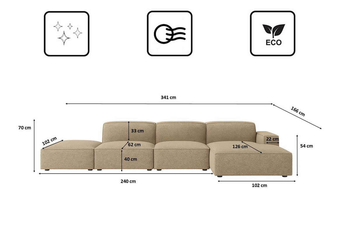 ECKSOFA Cursal L-Form, Stoff Artico, Beige + Hocker, Rechts - Sandfarben, Holz (341/166cm) - Kaiser Möbel