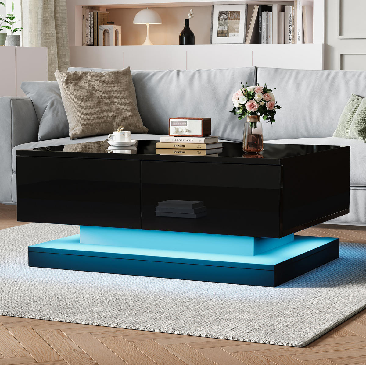 COUCHTISCH 90/50/38 cm schwarz mit 2 Schubladen und LED-Beleuchtung - Schwarz, Holzwerkstoff (90/50/38cm) - OKWISH