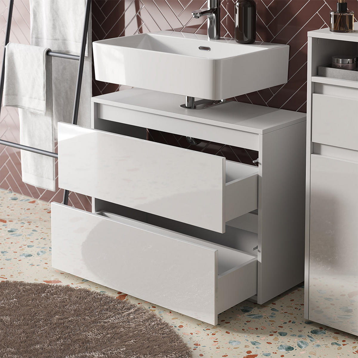 BADMÖBEL-SET Majest Weiß/Weiß Hochglanz 3 Teile - Weiß Hochglanz, Holzwerkstoff (30.2/96.3/30cm) - Vicco