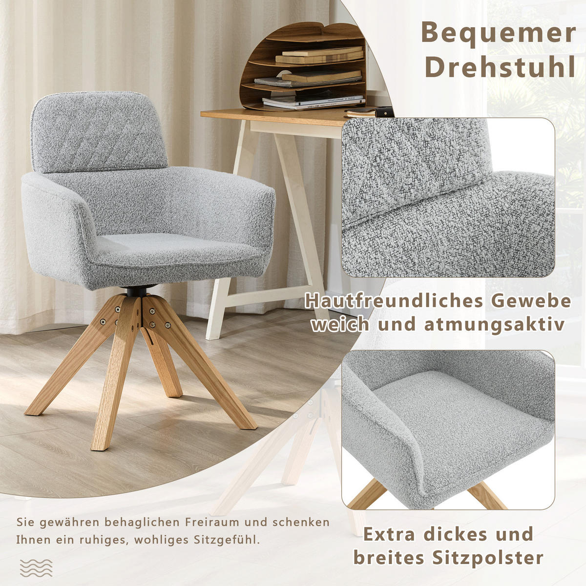ARMLEHNSTUHL-SET DE-36622 2 Stück mit Stoffbezug und Massivholzbeinen Grau - Hellgrau, Holz (51/85/53cm) - ComfortXL