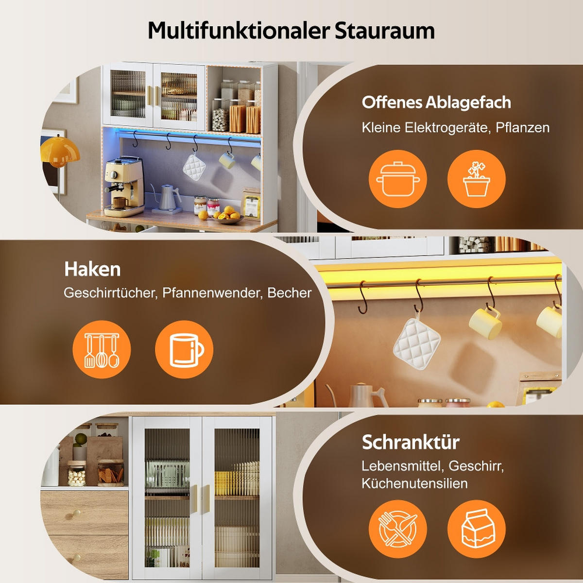 KÜCHENSCHRANK Hochschrank mit LED und Steckdose, Vitrine mit Glastüren, Weiß-Holzoptik, 110/40/178 cm - Naturfarben, Kunststoff (40/178/110cm) - Rolipo