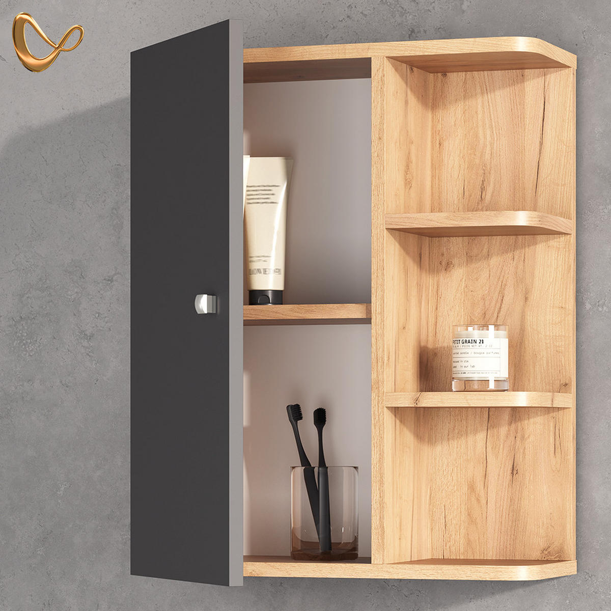BADSCHRANK Fucino Anthrazit 47.2 x 59.2 cm - Anthrazit/Braun, Holzwerkstoff (47.2/59.2/20.8cm) - Livinity®