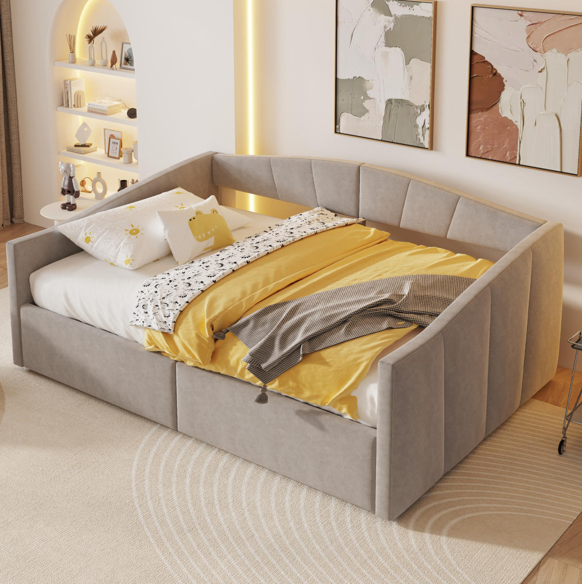 ČALOUNĚNÁ postel 140/200 cm světle šedá z sametu s úložným prostorem a područkami - světle šedá, kůže (140/200cm) - OKWISH
