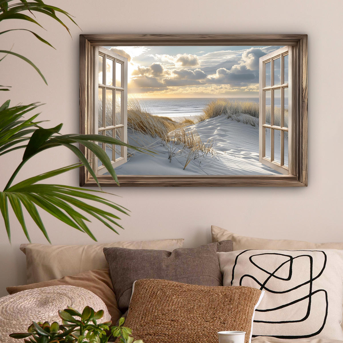 LEINWANDBILD Ausblick - Strand - Dünen - Meer - Natur Gemälde 60x40 cm - Sandfarben, Textil (60/40cm) - MuchoWow