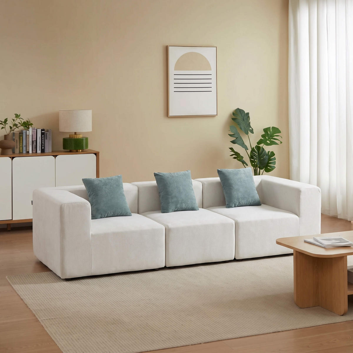 SOFA Pure 3-Sitzer - Weiß Salbei - Türkis/Weiß, Textil (300/62/100cm) - COCO Living