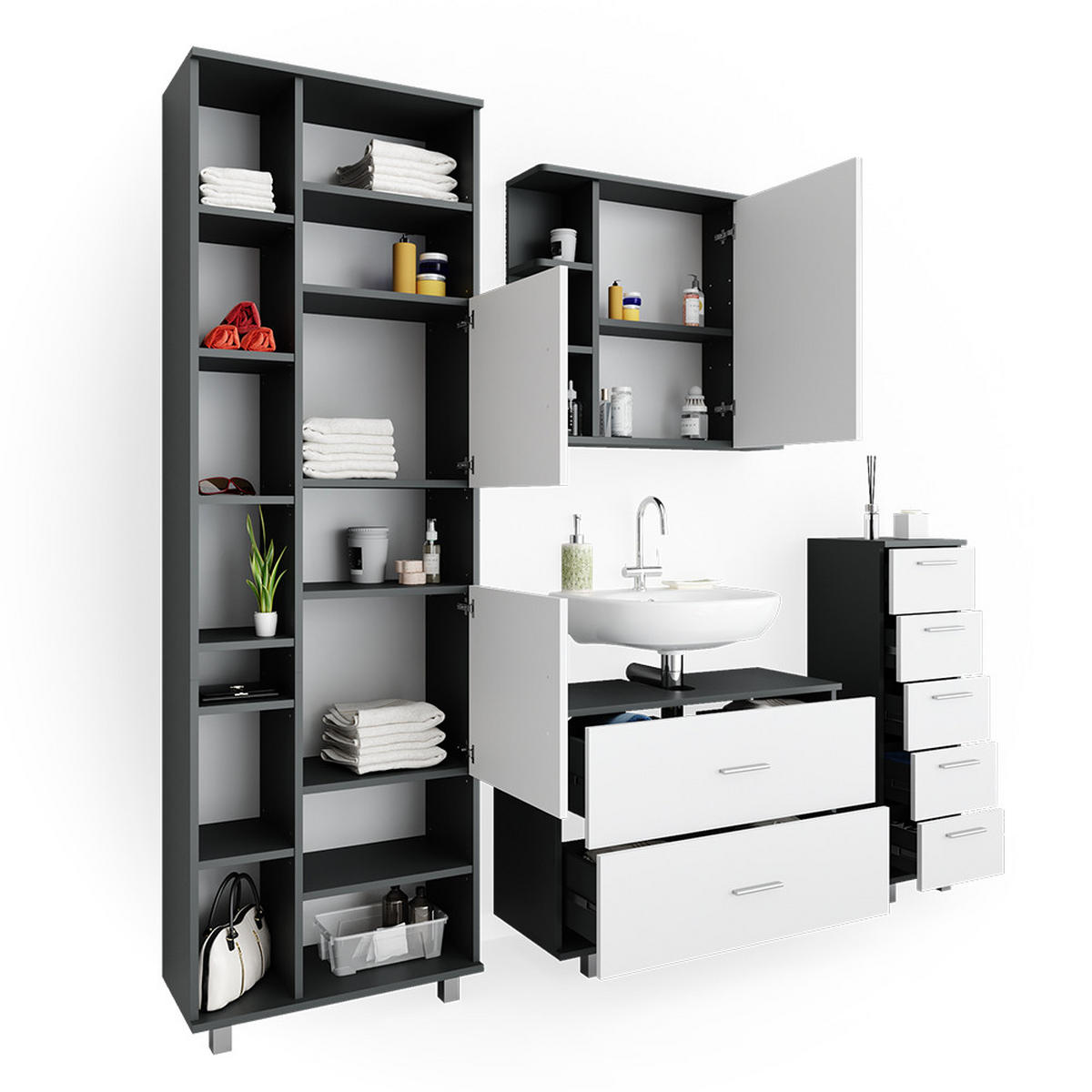 BADMÖBEL-SET Ilias Weiß/Anthrazit 4 Teile, mit Hochschrank - Anthrazit/Weiß, Holzwerkstoff (80.2/60.8/33cm) - Vicco