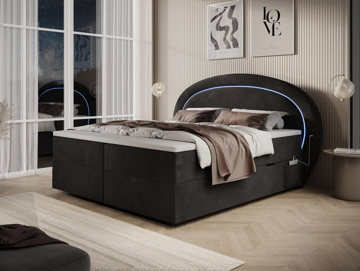 BOXBETT Orion 1 schwarz 160/200 cm mit LED H3 - Schwarz, Textil (160/200cm) - wonello