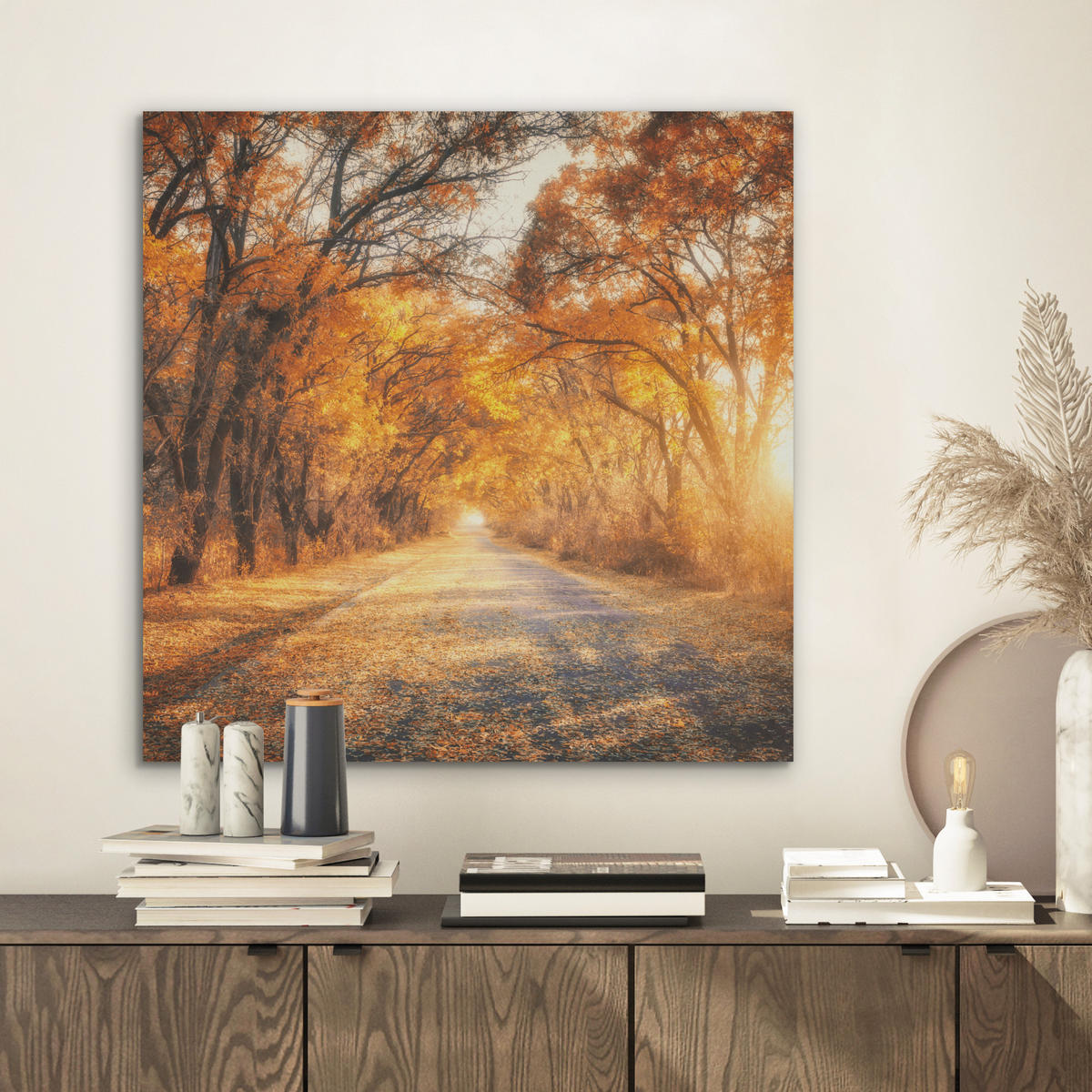AKUSTIKBILD Wald - Herbst - Bäume - Waldweg - Natur Wandbilder 60x60 cm - Bernsteinfarben, Kunststoff (60/60/0.9cm) - MuchoWow