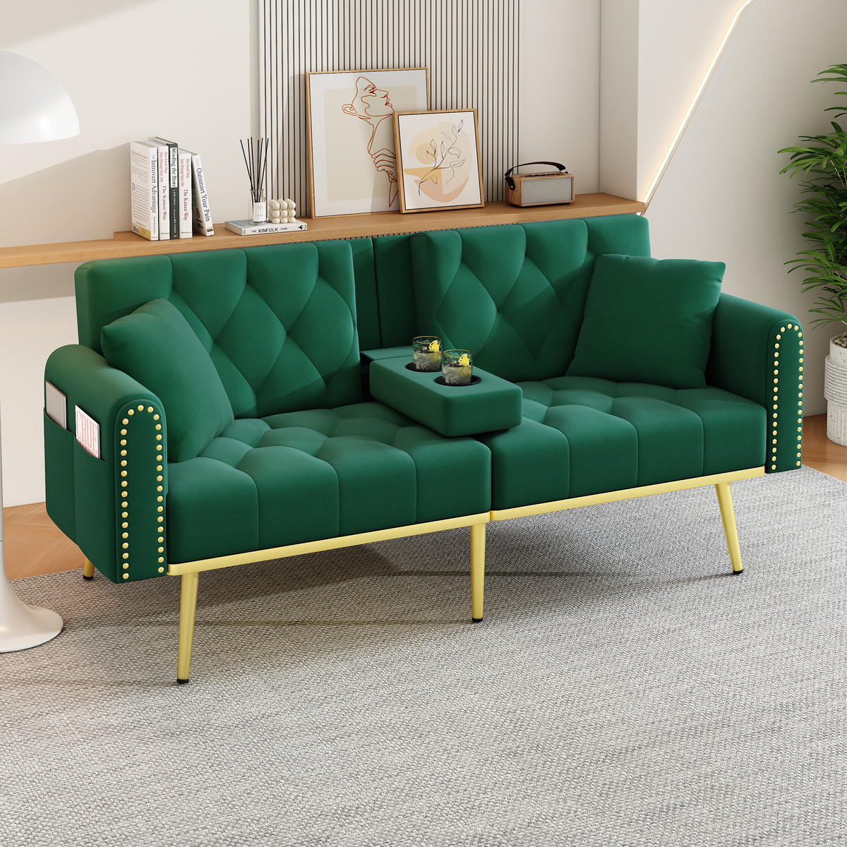 SCHLAFSOFA Samt mit verstellbarer Rückenlehne und Getränkehalter Grün 175/80/73,5 cm - Grün, Textil (73.5/175/80cm) - Redom